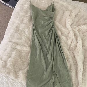 Zara Olive Green Maxi Slip Dress with Spaghetti Straps